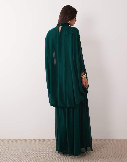 Daska chiffon high neck blouson maxi dress in emerald green, 3 of 4