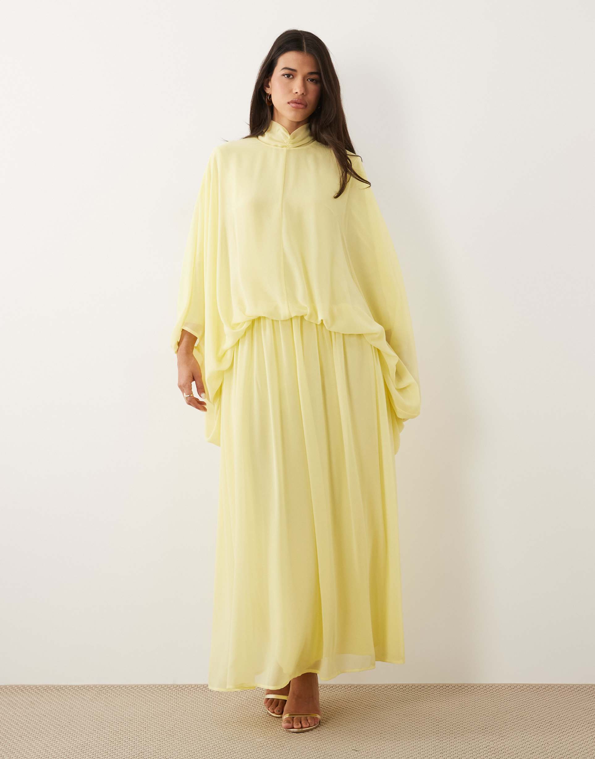 daska chiffon high neck blousson maxi dress in lemon