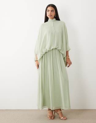 Daska chiffon high neck blousson maxi dress in sage