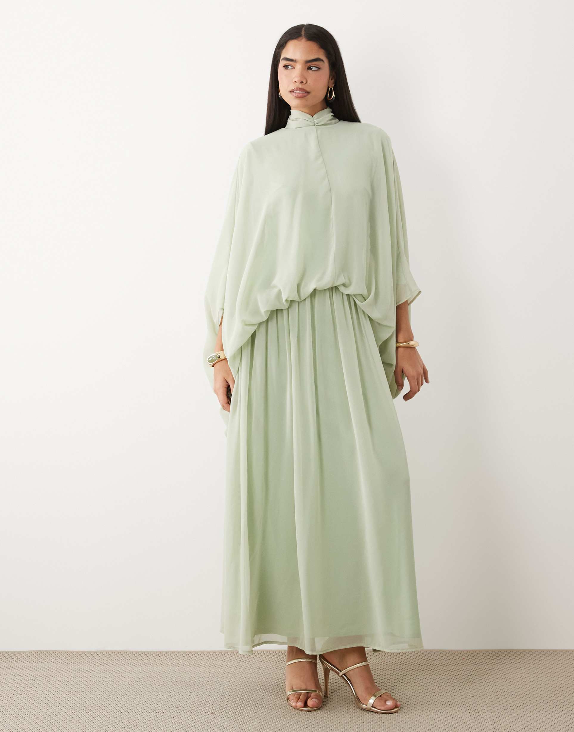 daska chiffon high neck blousson maxi dress in sage
