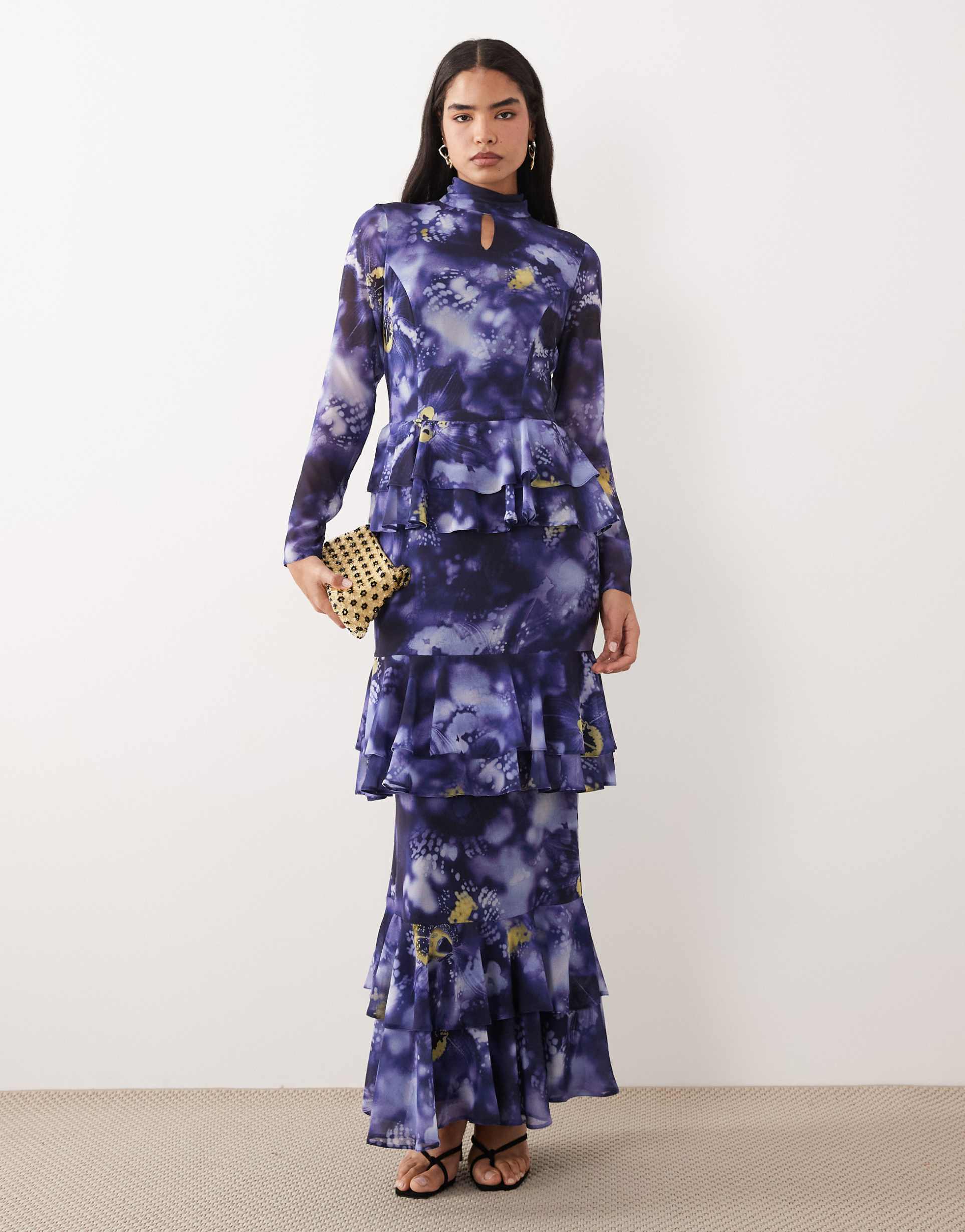 daska chiffon high neck keyhole tiered frill maxi dress in purple abstract print