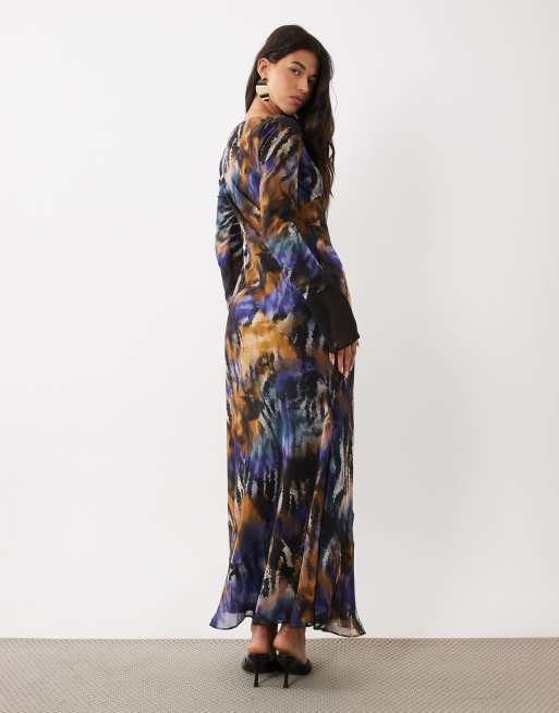 Daska Chiffon-Kleid mit U-Boot-Ausschnitt, Bindedetail und abstraktem Print in Blau, 4 von 4