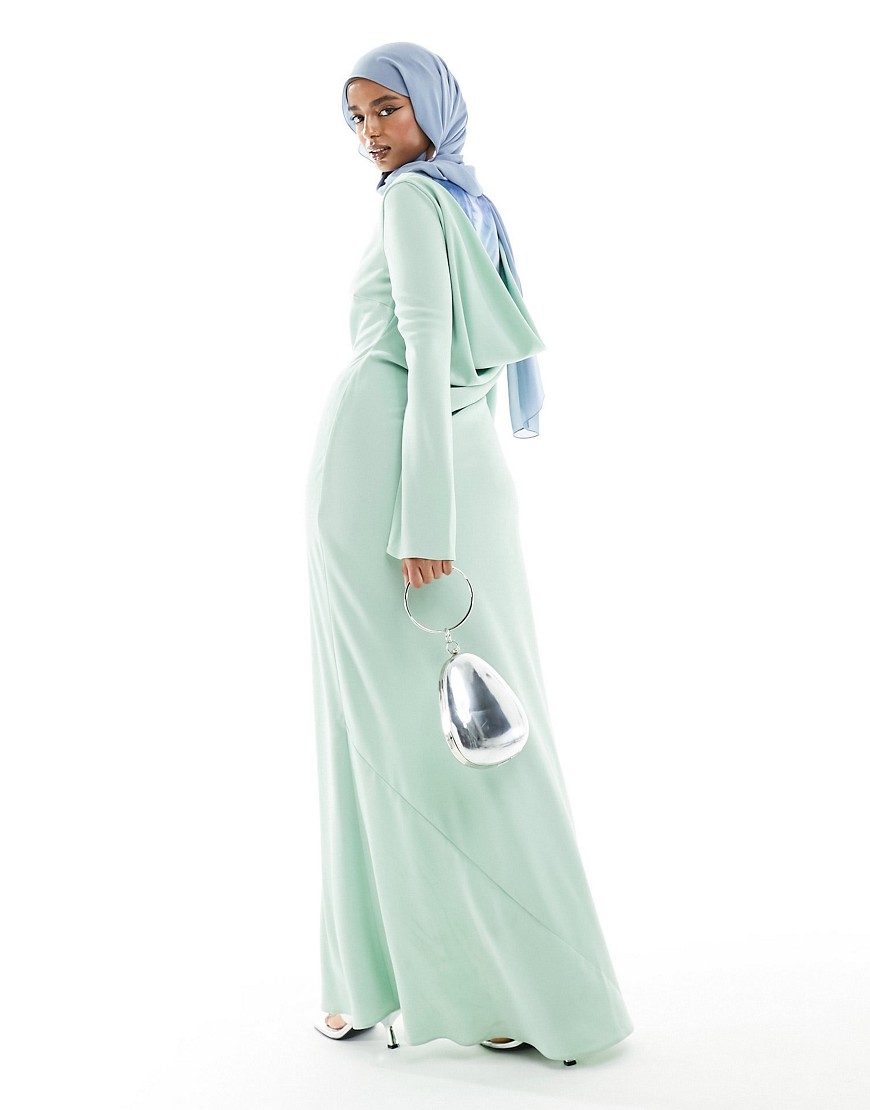 chiffon maxi dress with cowl back in print and sage green-Multi