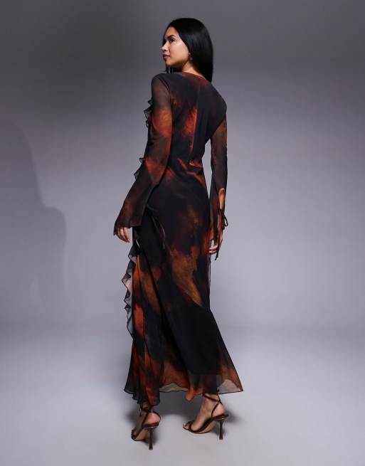 Daska chiffon maxi dress with frill details in orange abstract print