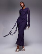 ASOS DESIGN embellished fishnet hotfix maxi dress with super scoop neck and lace trim in chocolate