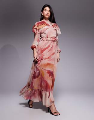 Daska - Chiffon-Maxikleid in Rosa mit abstraktem Muster, Rüschen und Cape-Design-Bunt