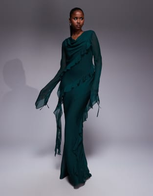 Daska - Chiffon-Maxikleid in Smaragdgrün mit Rüschen