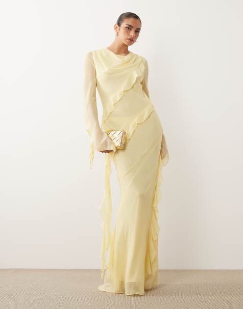 Daska – Chiffon-Maxikleid in Zitronengelb mit hohem Wasserfallausschnitt und Rüschendetail - view 1