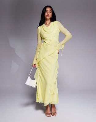 Daska - Chiffon-Maxikleid in Zitronengelb mit Rüschen