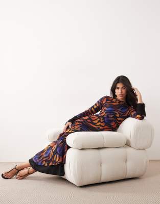 Daska - Chiffon-Maxikleid mit Bindedetail und abstraktem Animalprint in Orange und Blau-Bunt