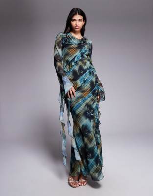 Daska - Chiffon-Maxikleid mit Schottenkaro und Rüschen-Bunt