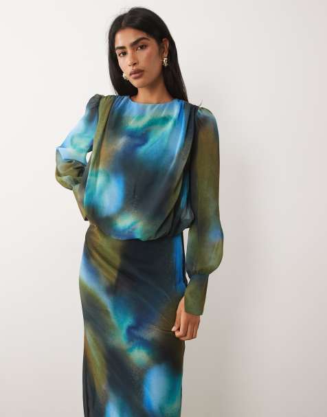 Daska chiffon ruched drop waist maxi dress in blue print  - view 1