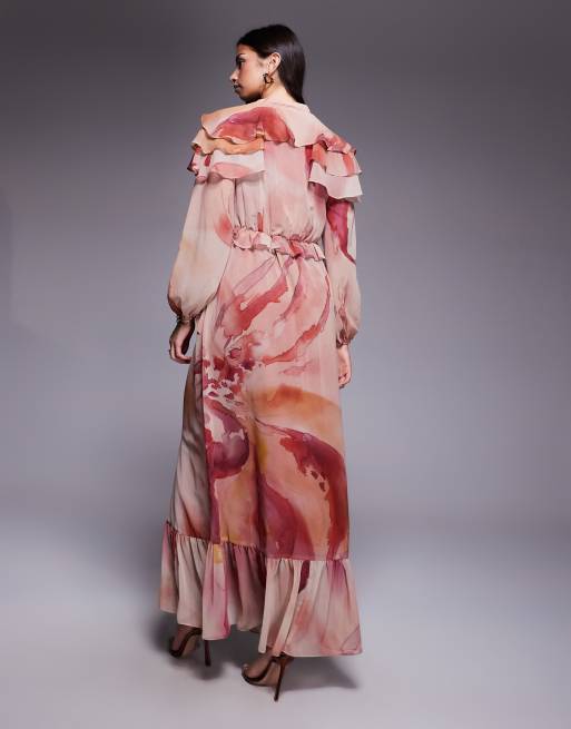 Daska chiffon ruffle caped maxi dress in pink abstract print, 2 of 4