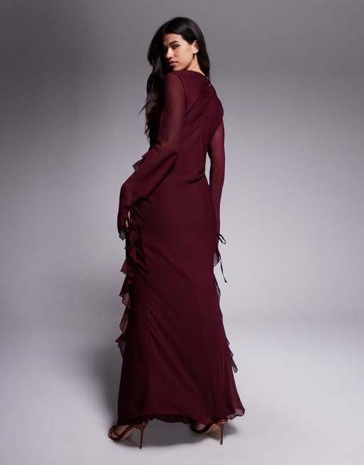 Daska chiffon ruffle maxi dress in burgundy