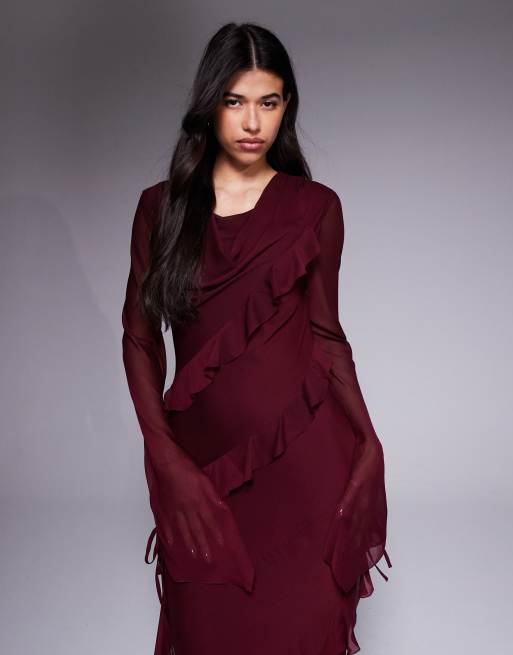 Daska chiffon ruffle maxi dress in burgundy