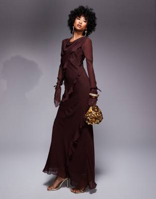 chiffon ruffle maxi dress in chocolate brown