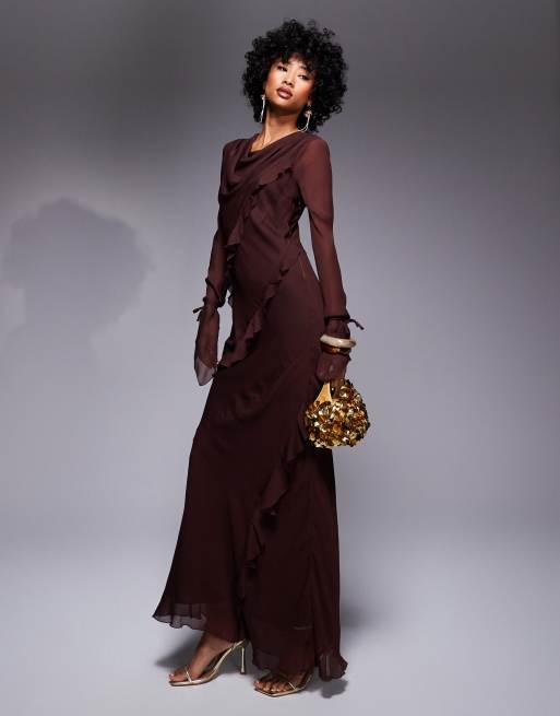 brown chiffon dress Mother Of The Bride A Line V Neck 3/4 Illusion Sleeves Appliqued Floor Length Mother Of The Bride Dresses Airy drape Brown Elegant Dress - She's