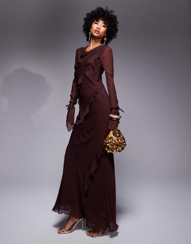 Daska chiffon ruffle maxi dress in chocolate brown | ASOS