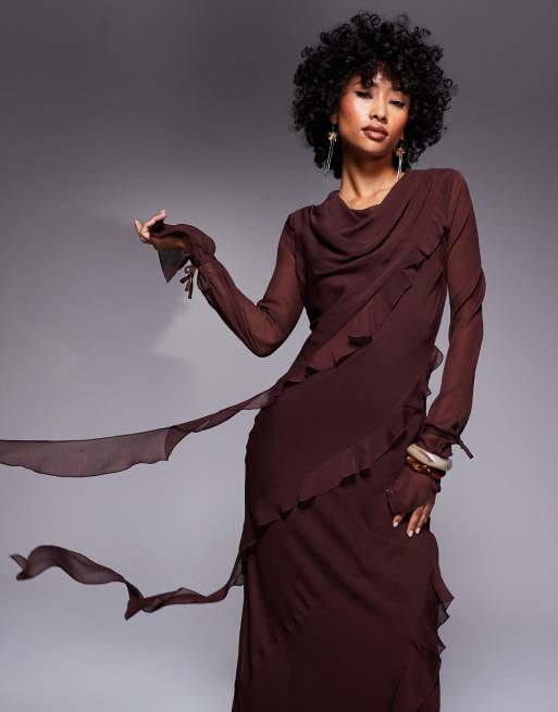 Daska chiffon ruffle maxi dress in chocolate brown