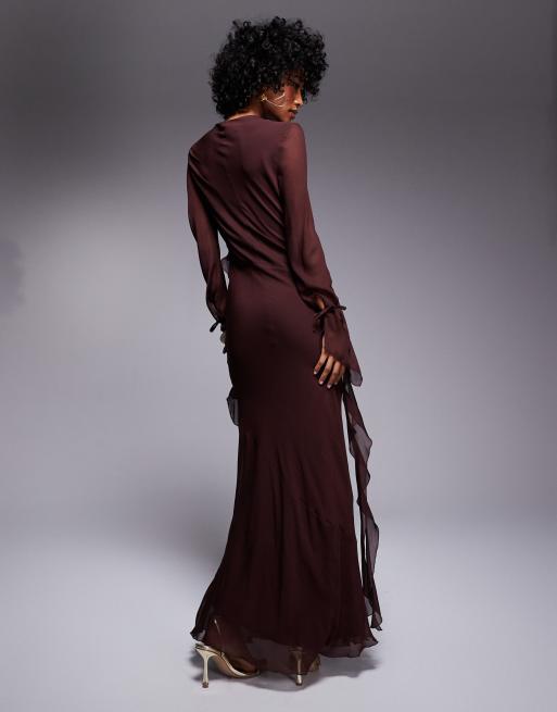 Daska chiffon ruffle maxi dress in chocolate brown