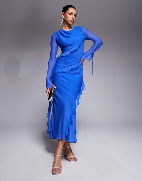 Daska chiffon ruffle maxi dress in cobalt blue