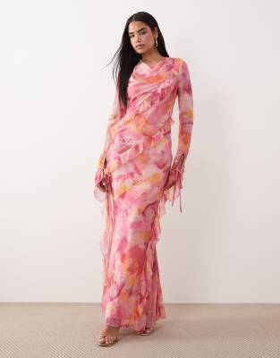 Daska chiffon ruffle maxi dress in pink abstract floral print | ASOS