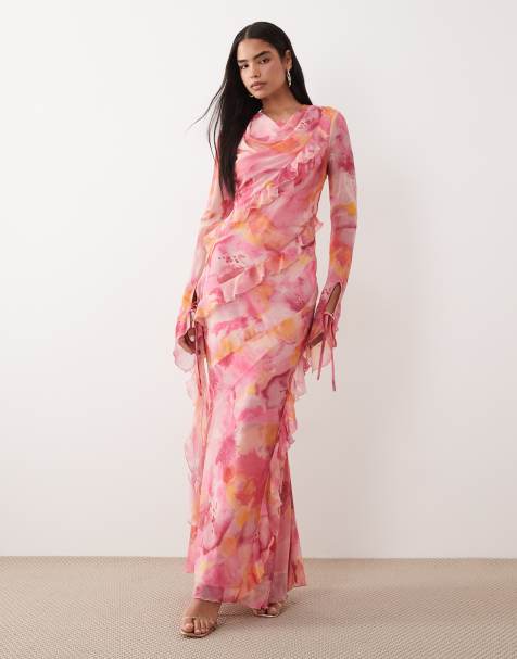 Daska chiffon ruffle maxi dress in pink abstract floral print - view 1