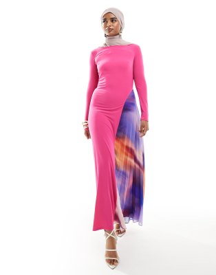 chiffon slit maxi dress in fuchsia and multi