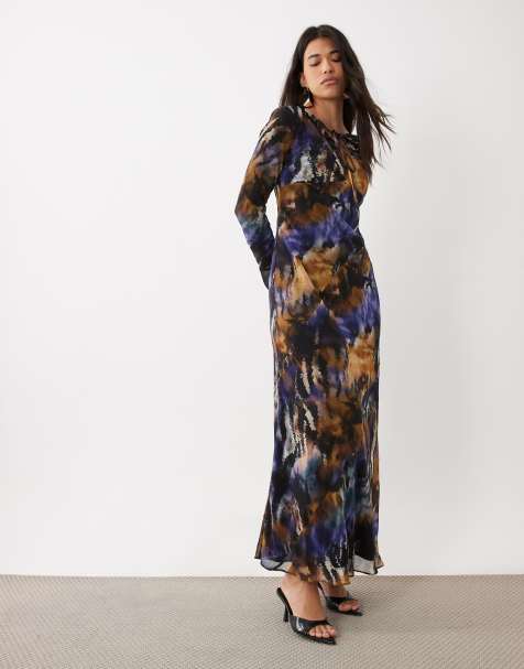 Daska chiffon tie detail bias cut bell sleeve maxi dress in abstract print - view 1