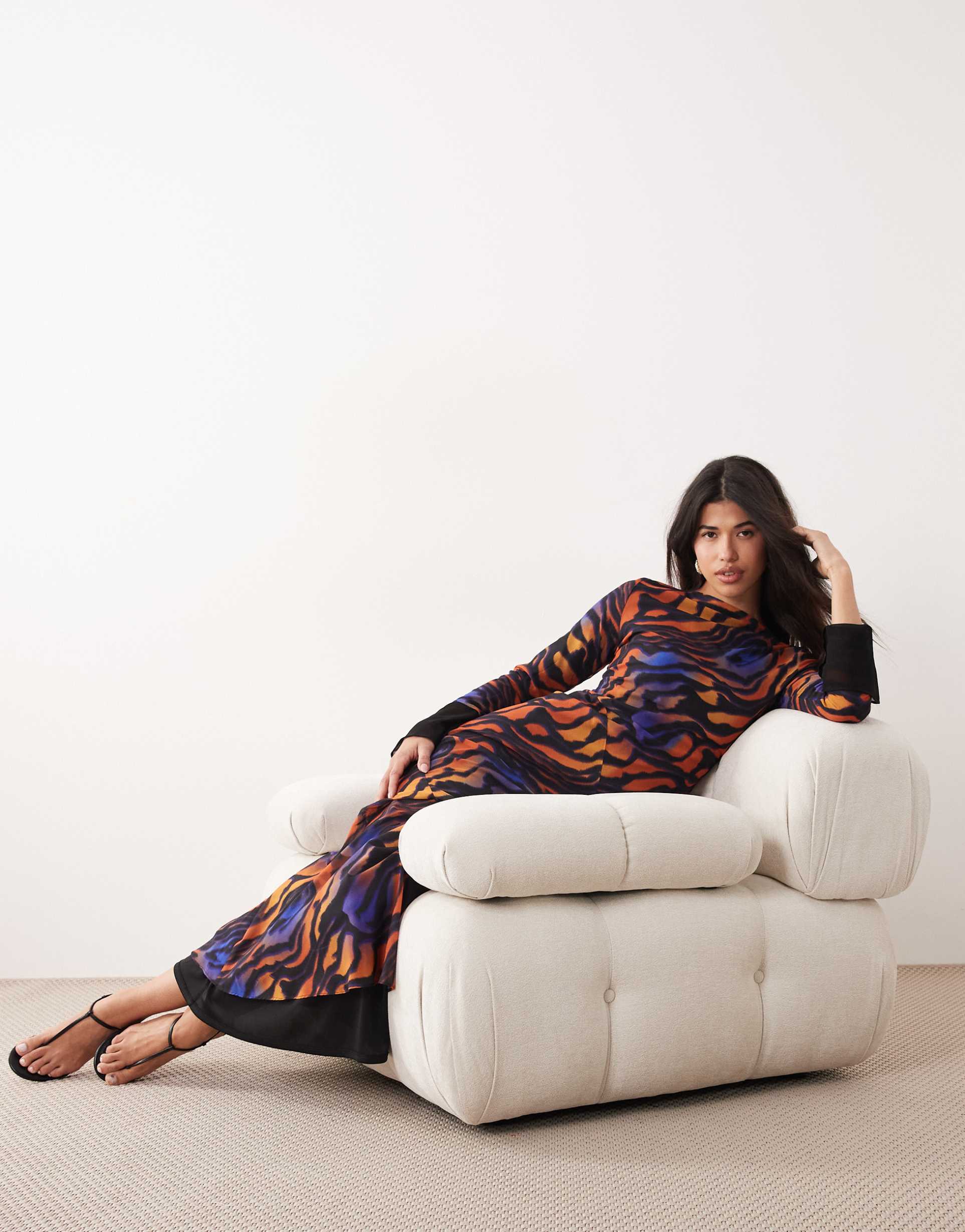 daska chiffon tie detail maxi dress in orange and blue abstract animal print