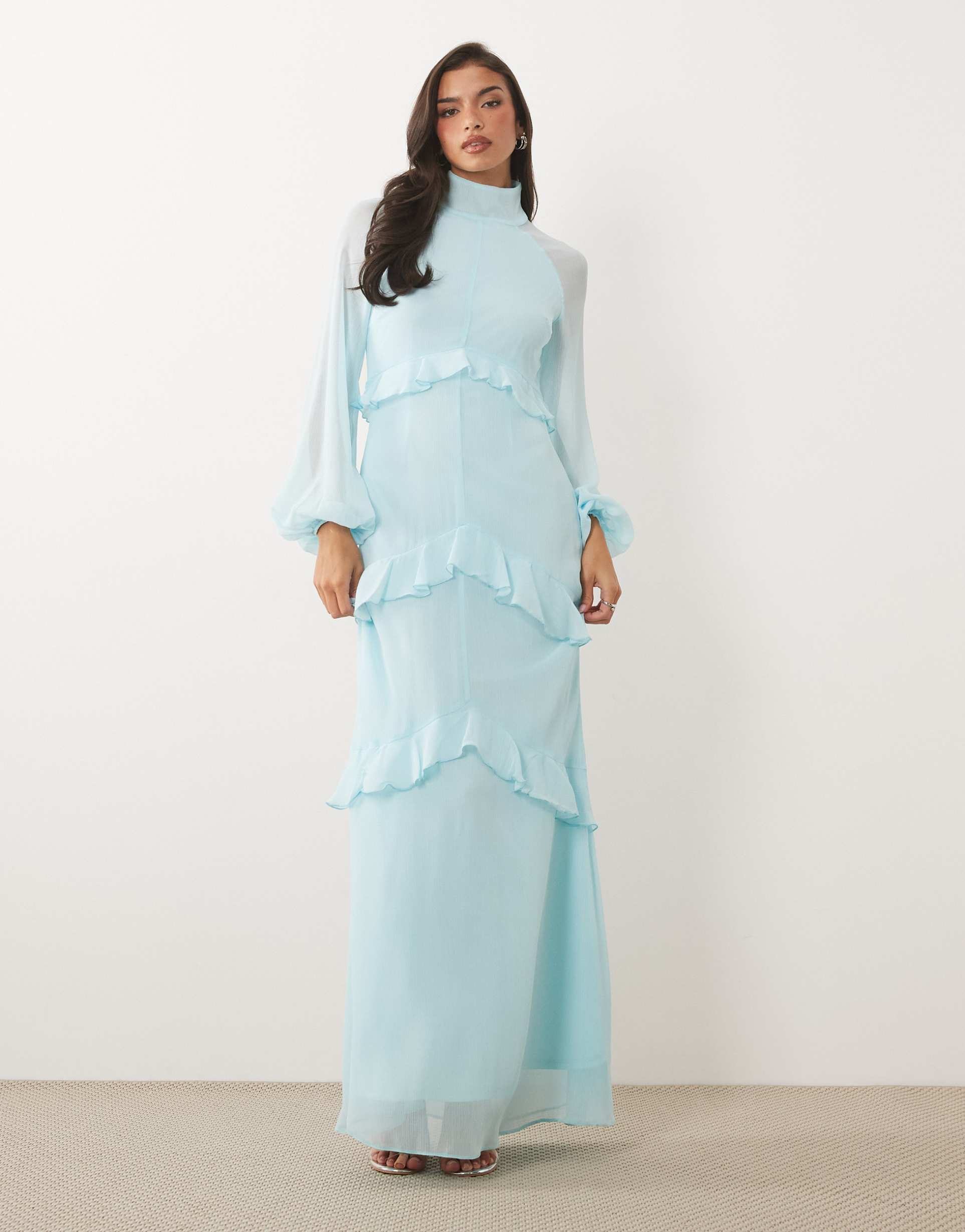 daska chiffon tiered frill high neck maxi dress in soft blue
