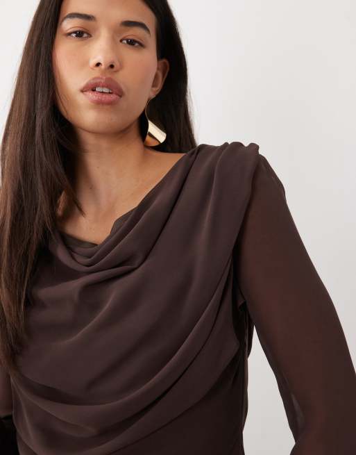 Daska chiffongklänning med draperad ringning och meshdetalj i brun, 4 av 4