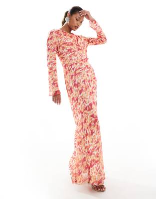 cowl neck chiffon maxi dress in pink animal print-Multi