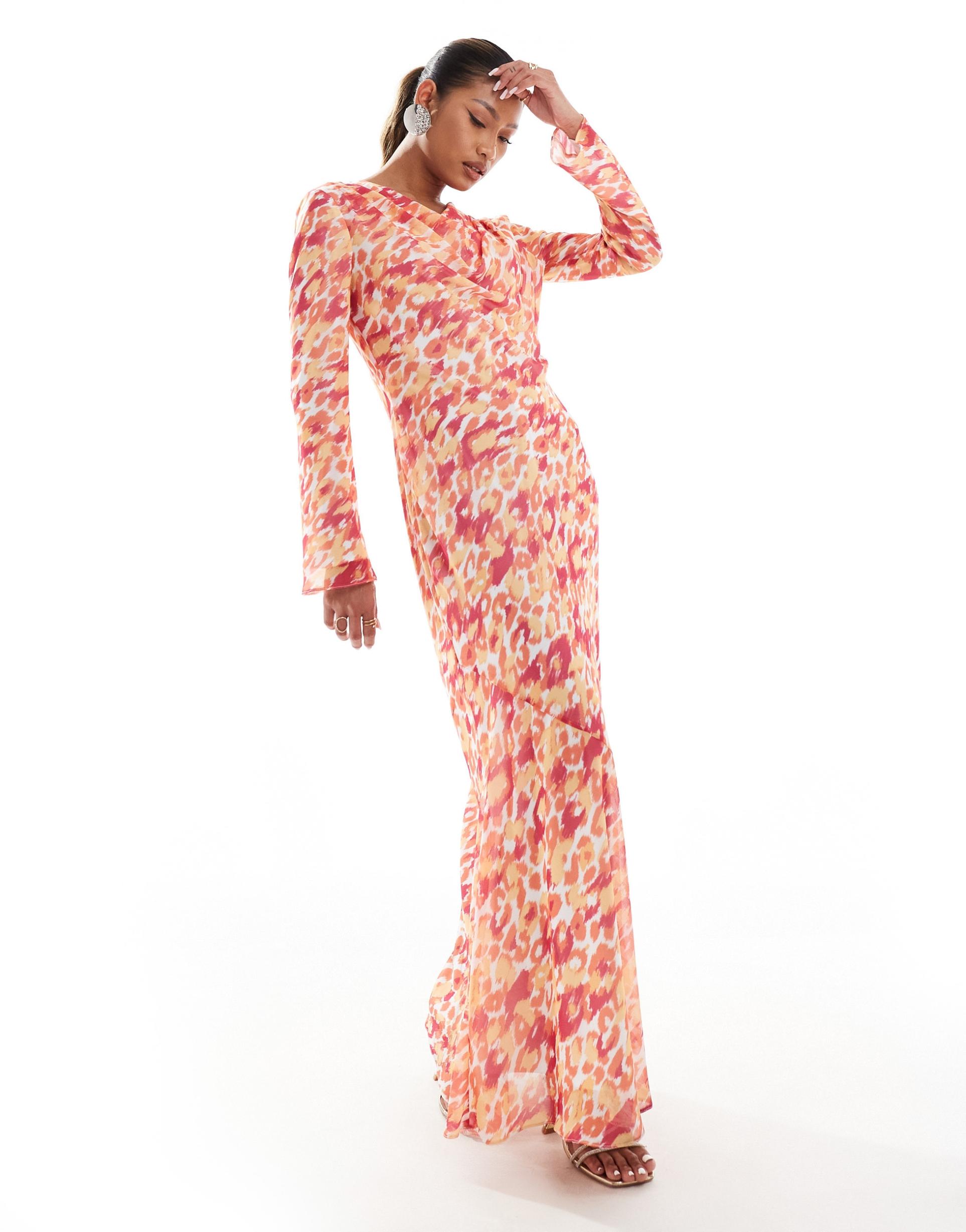 daska cowl neck chiffon maxi dress in pink animal print