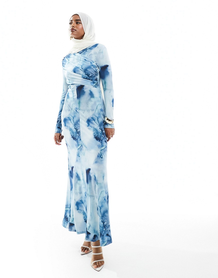 cross front maxi dress in cloud print-Multi