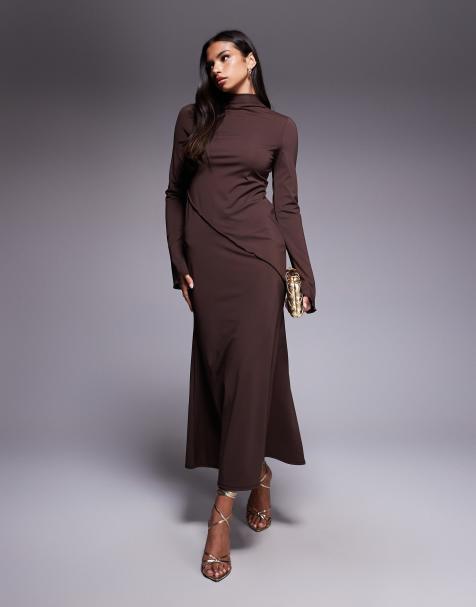 Daska maxi dress with asymmetric seam detail in chocolate brown 