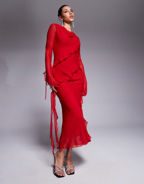 Daska chiffon maxi dress with frill details in red