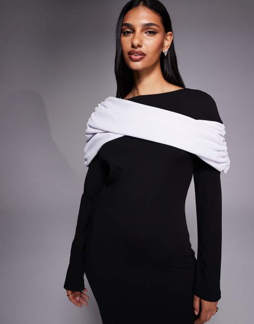 Daska drape detail jersey maxi dress in black and ivory, 2 of 4