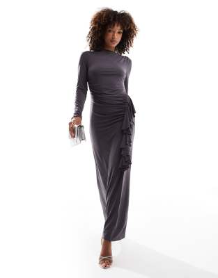 drape front maxi dress with frill detail in charcoal-Gray