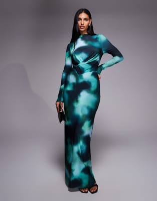 Daska draped maxi dress with twisted detailing in teal abstract print-Multi