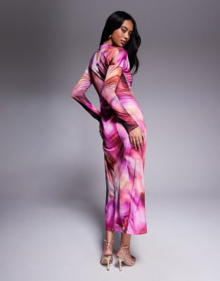 Daska draped ruched maxi dress in purple blur print 