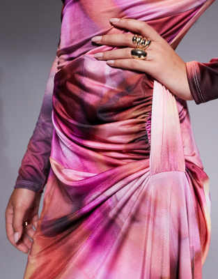 Daska draped ruched maxi dress in purple blur print 
