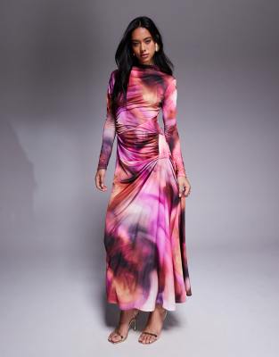 Daska draped ruched maxi dress in purple blur print 