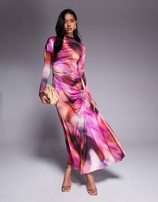 asos Daska draped ruched maxi in purple blur print