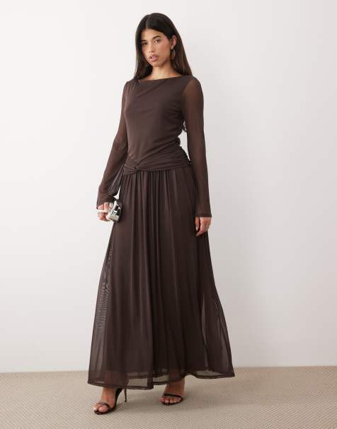 Daska drop waist mesh maxi dress with twist detail in chocolate