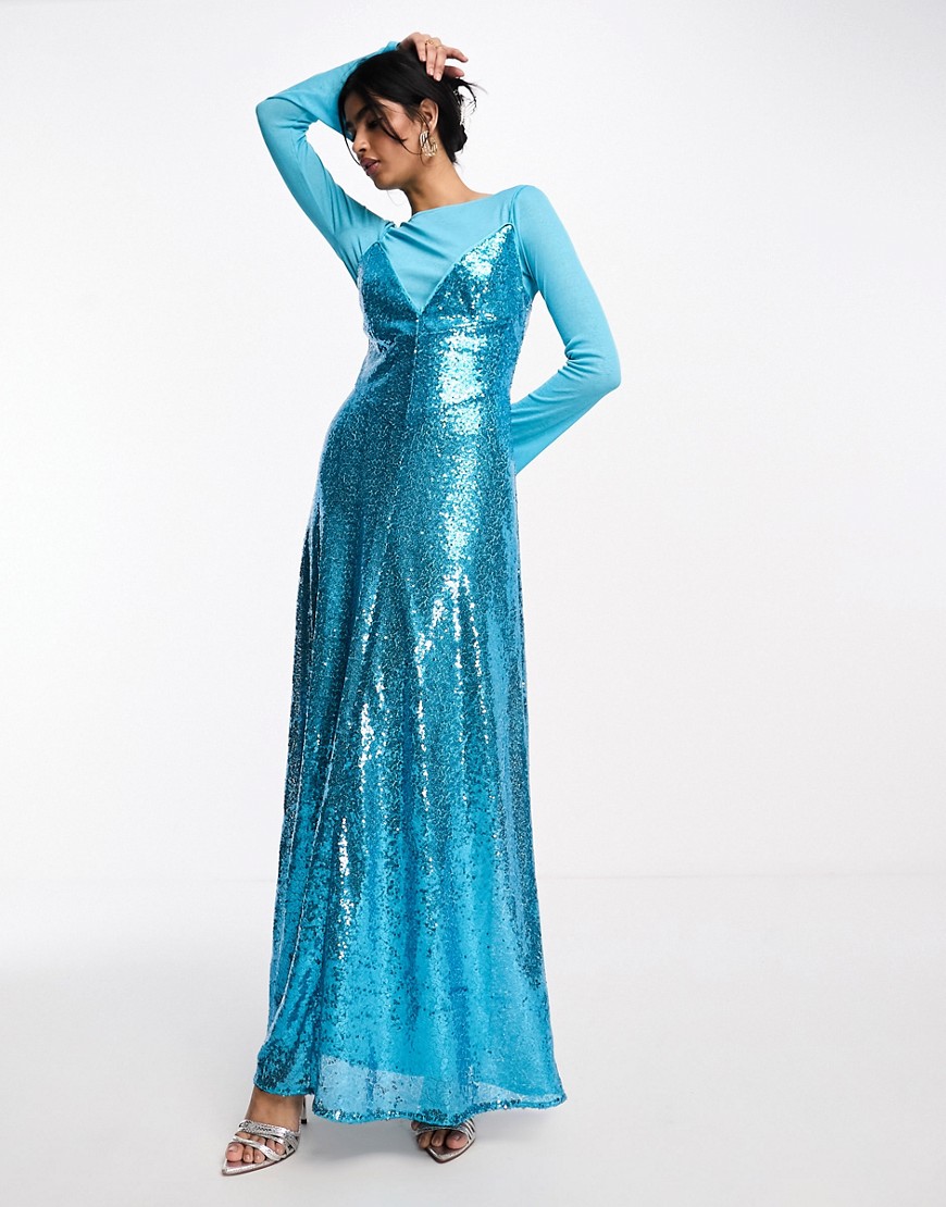 embellished sequin slip dress with detachable matching top in aqua blue