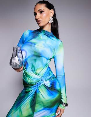 Exclusive high neck maxi dress in blue print