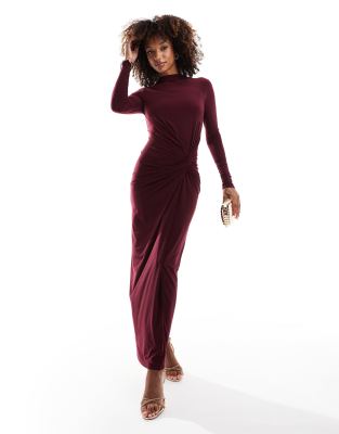 exclusive high neck maxi dress in burgundy-Red