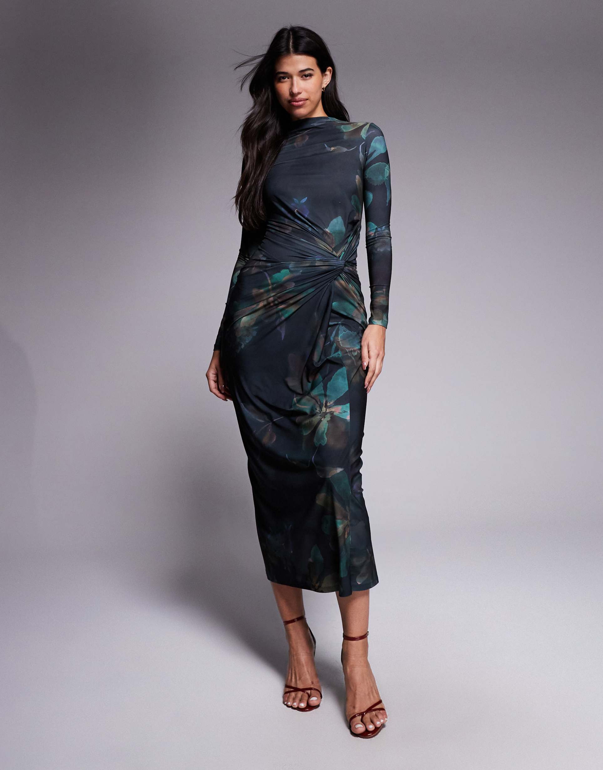 daska exclusive high neck maxi dress in dark green floral print