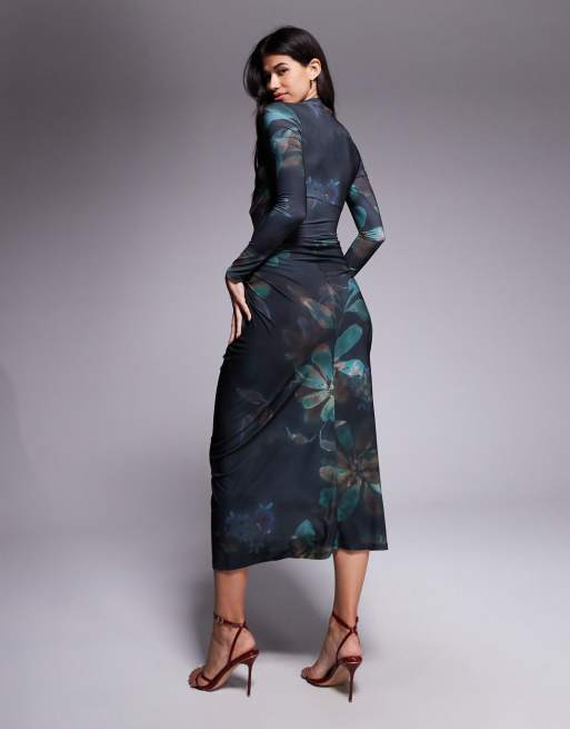 Daska exclusive high neck maxi dress in dark green floral print, 2 of 4